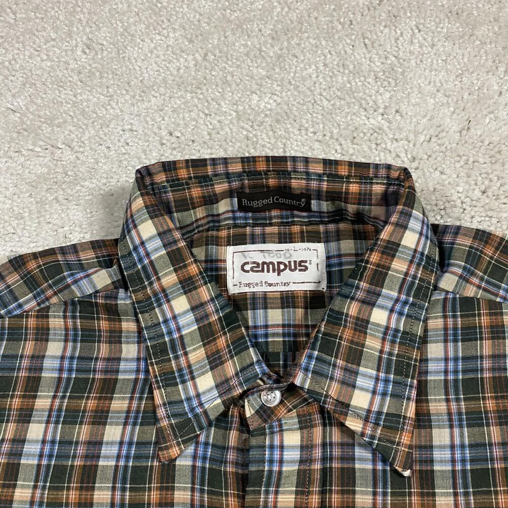 VTG 70s Campus Shirt Mens L Green Brown Plaid Button Up Rugged Country Thin - Picture 3 of 7